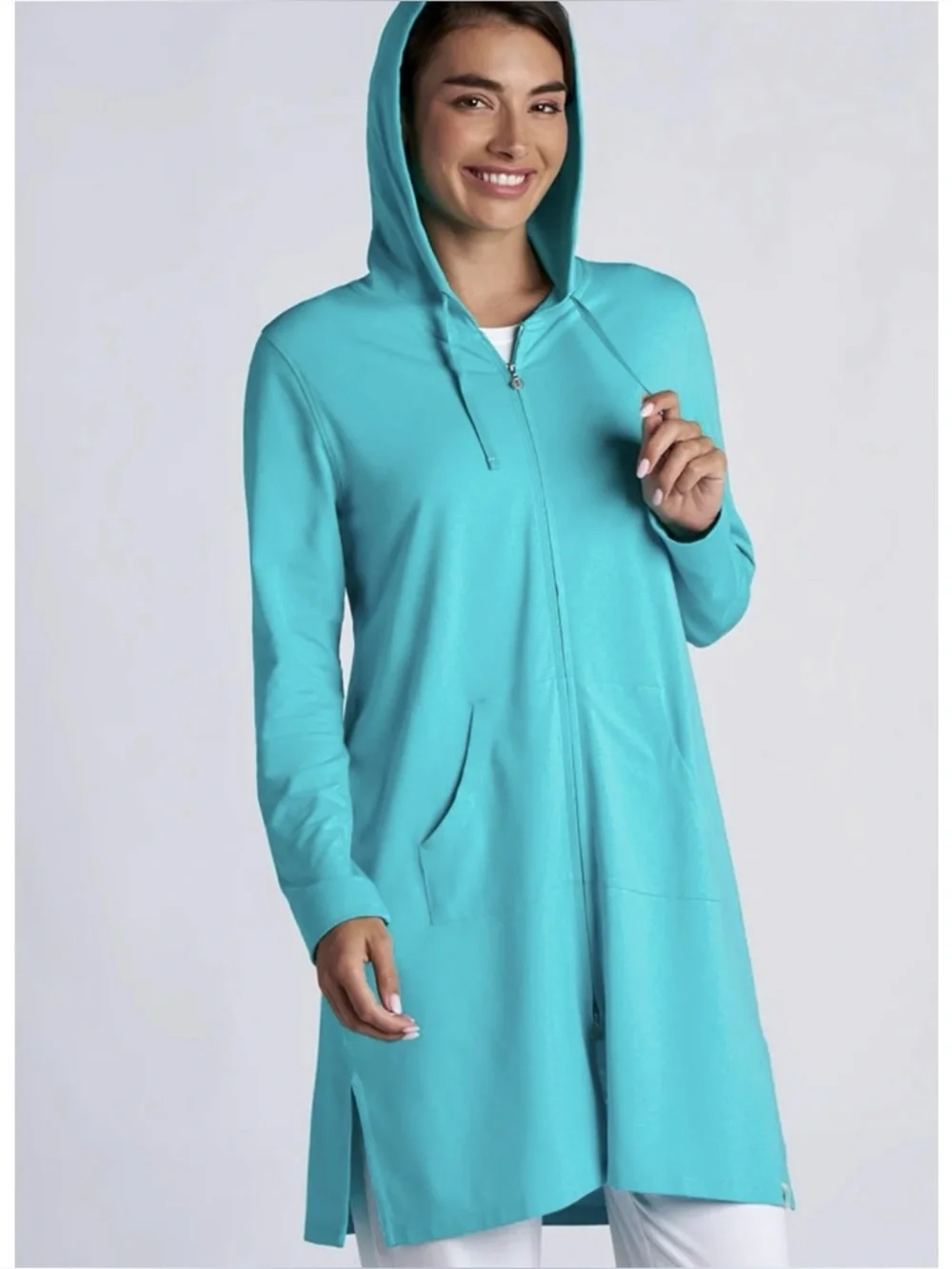Coolibar Cabana Long Zip Front Hoodie Teal UPF 50+ Sun Protection Top Swim Cover - Picture 1 of 16